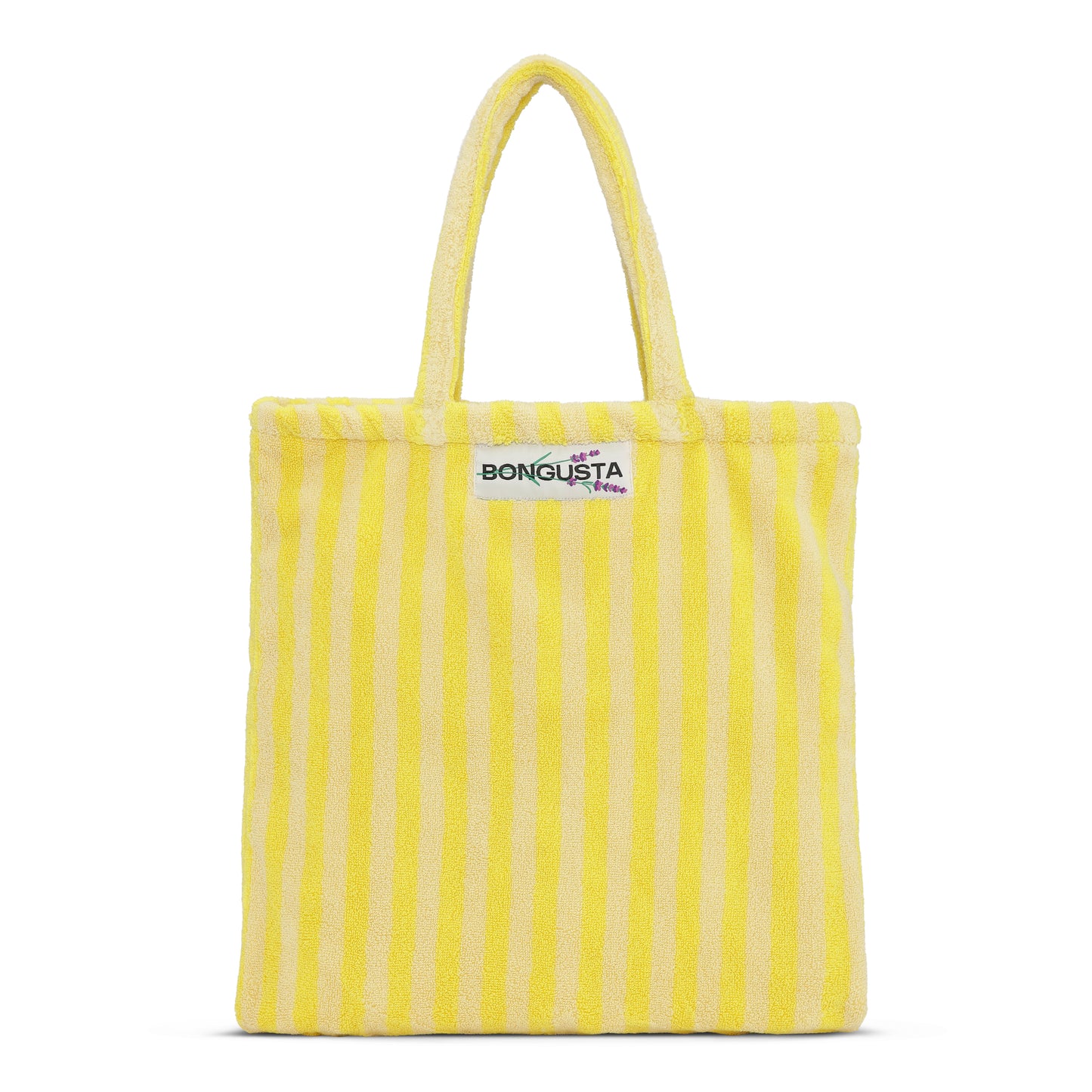 A cream and neon yellow striped classic tote bag, made of towelling fabric with a cream and neon yellow striped handle. At the top of the bag it says BONGUSTA in black inside of a cream box with green and lilac flowers coming off the words bongusta.