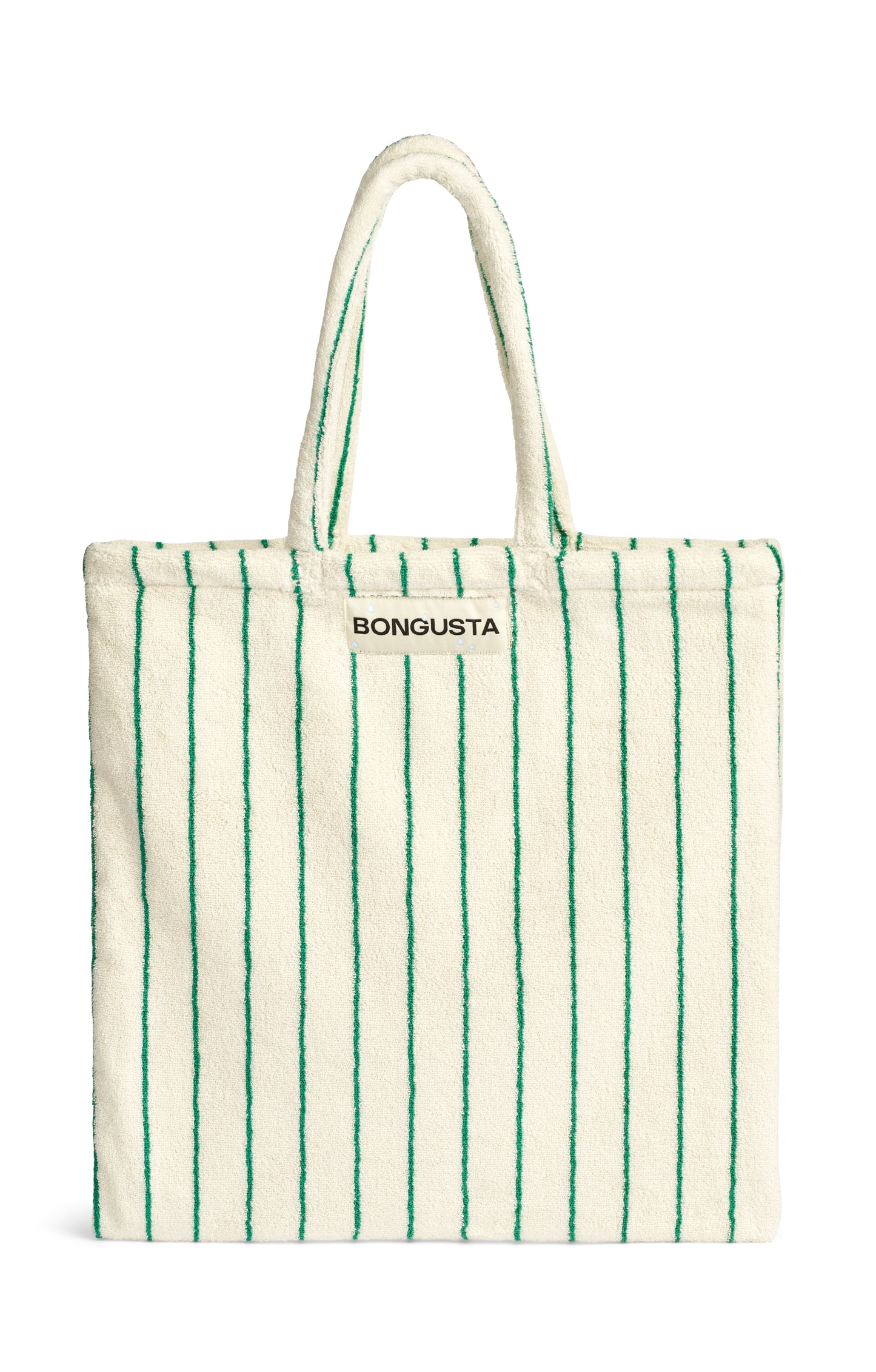 A cream and thinly green striped classic tote bag, made of towelling fabric with a long cream and thinly green striped handle. At the top of the bag it says BONGUSTA in black inside of a cream box.
