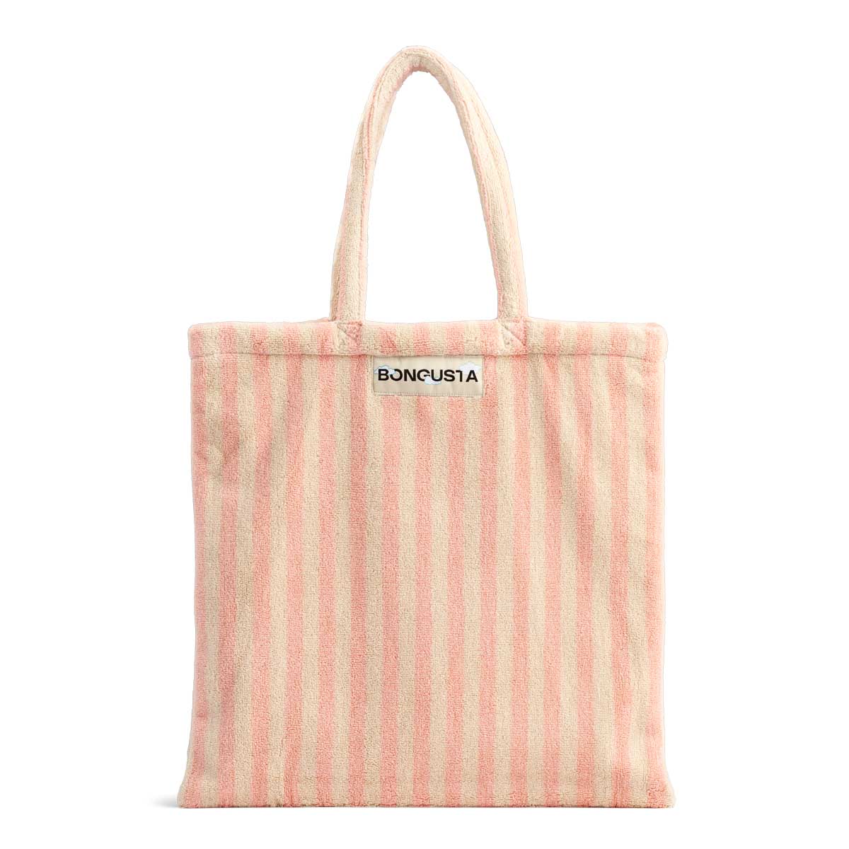 A cream and pink striped classic tote bag, made of towelling fabric with a long pink and cream handle. At the top of the bag it says BONGUSTA in black inside of a cream box.