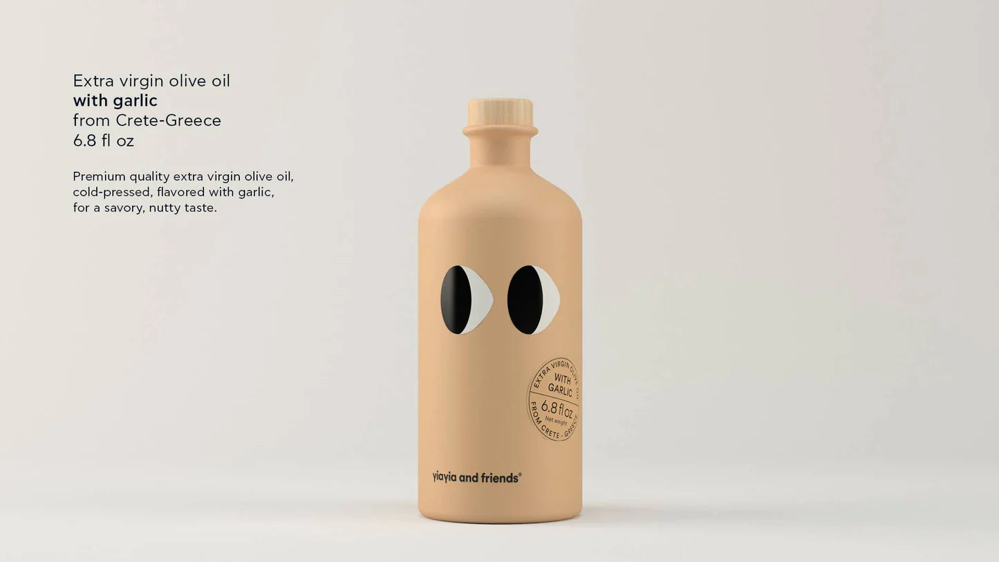 Beige bottle with black eye design on a light gray background