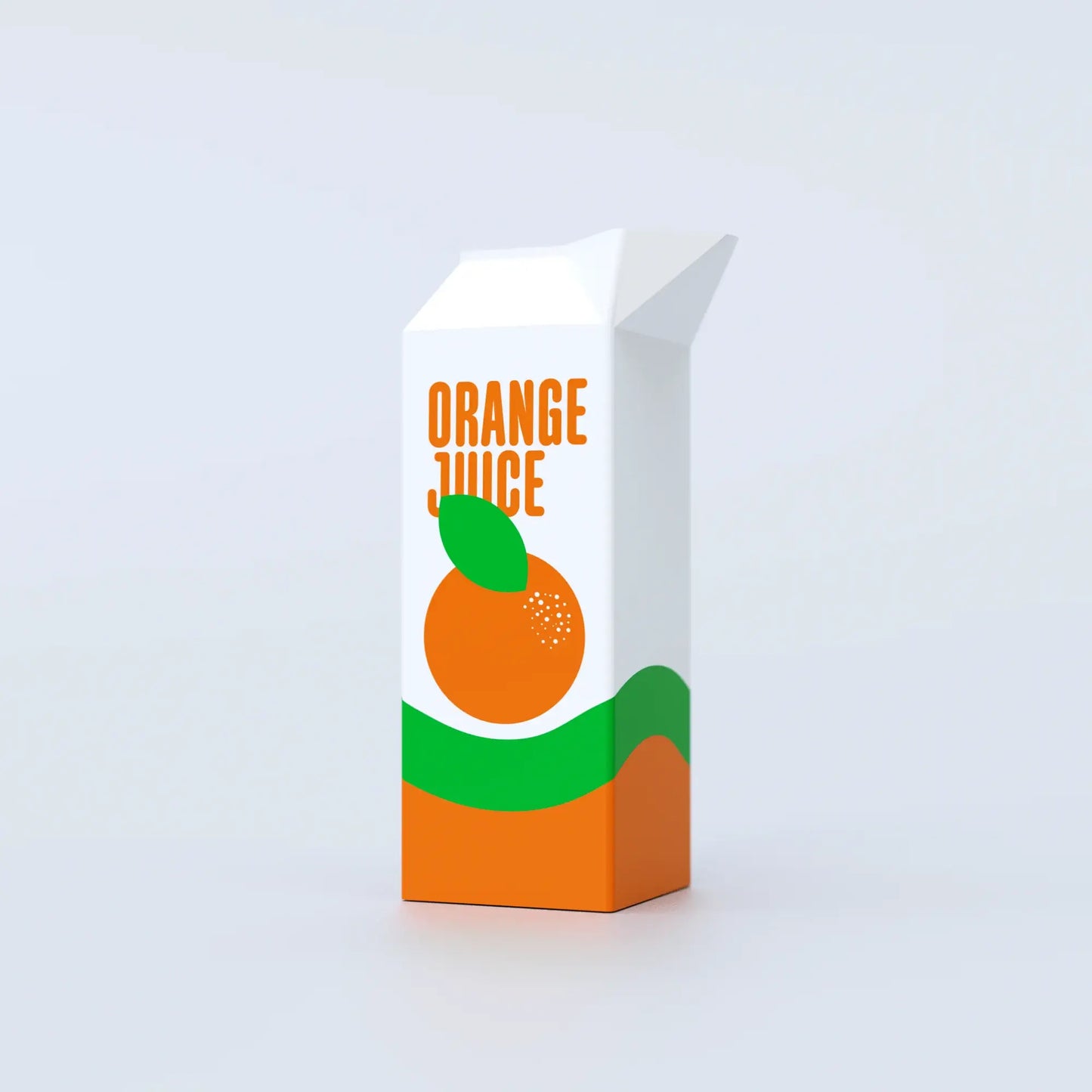 A ceramic vase designed to resemble an orange juice carton, with a vibrant orange color and white details, featuring an illustration of an orange slice in the center.