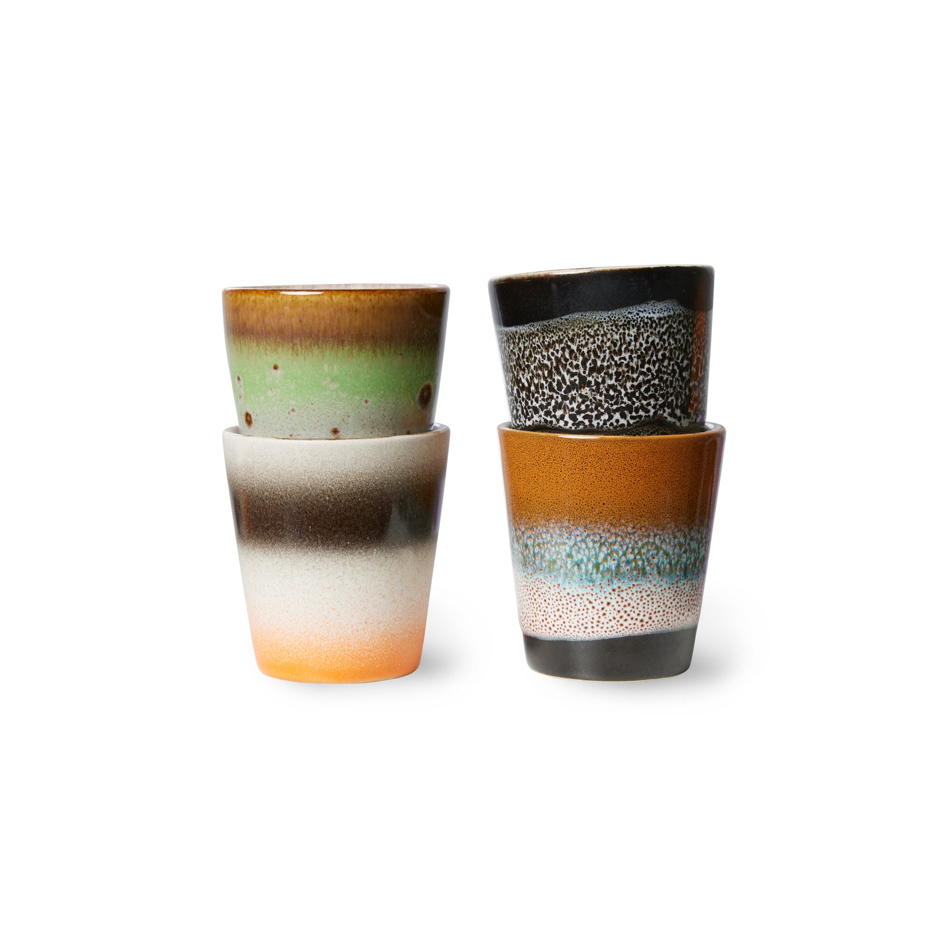 Set of 4 hkliving good vibes ristretto mugs, on a white back drop stacked 2 by 2. The first is black with white natural speckles which fade at the top. Next it two stacked together, the first has a black bottom which fades into a speckled white, then blue to a speckled light drown, then the one of top is mainly lime green which transitions into a deeper brown. The the last mug which an orange bottom and chunky cream the black stripes and a white trim