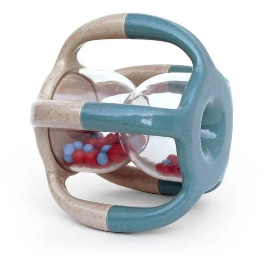 Teal and beige baby rattle with colorful beads on a white background