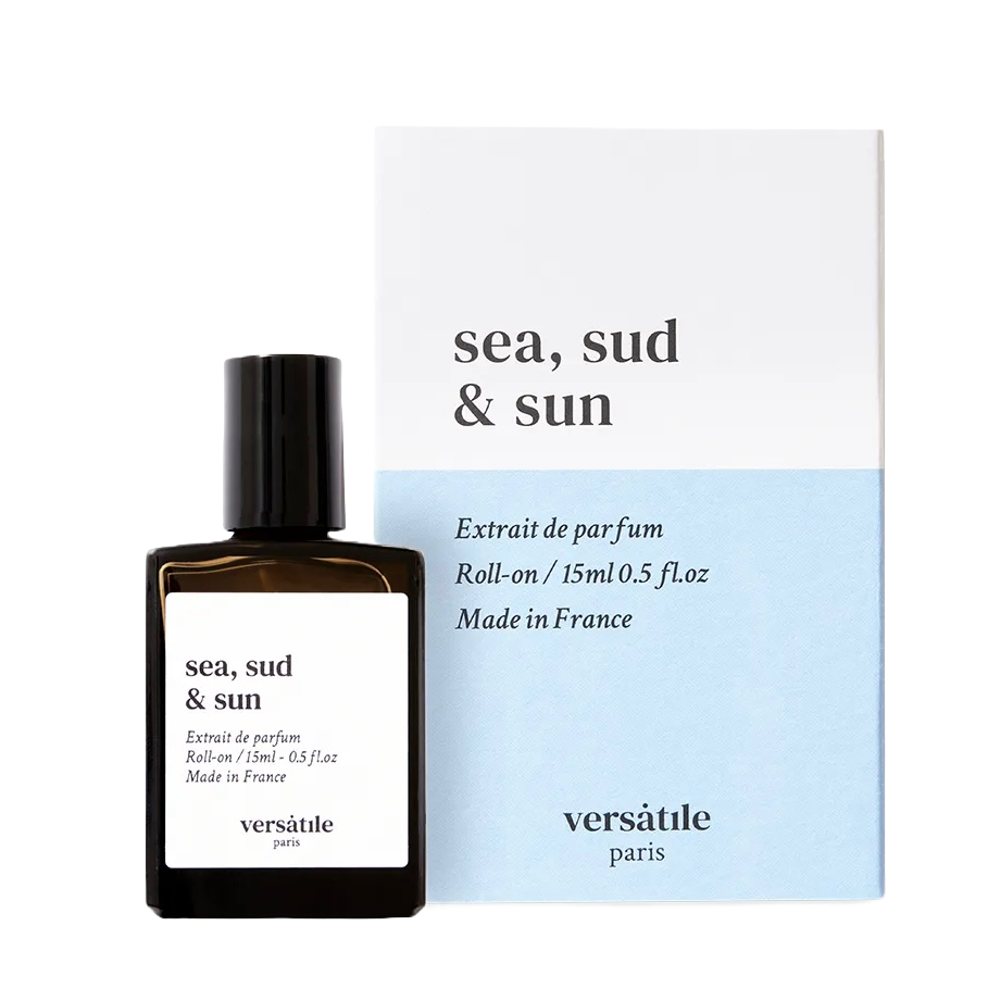Perfume bottle and packaging of 'sea, sud & sun' by Versatile Paris on a white background