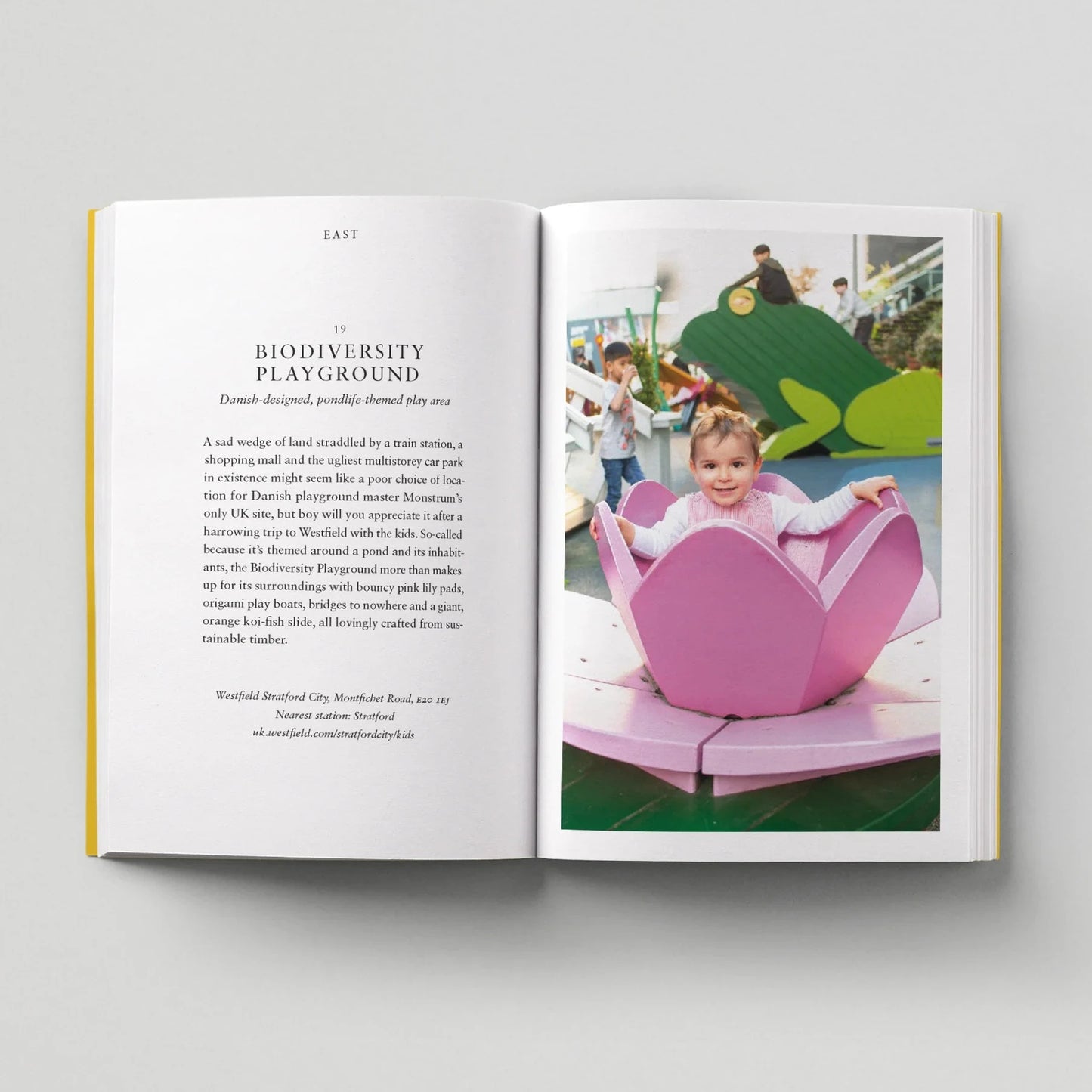 Open book showing a child in a pink swing at a playground.