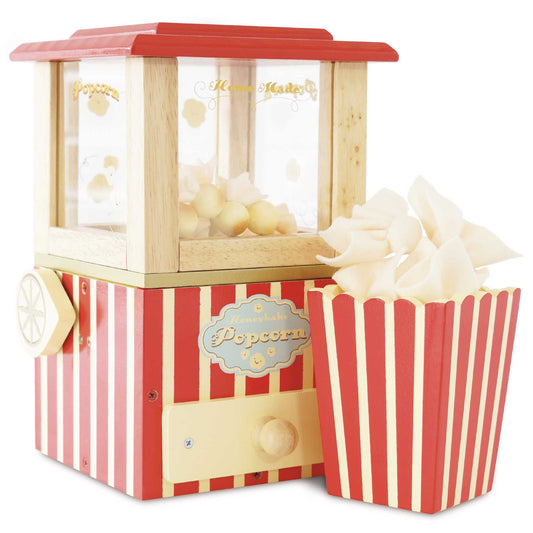 Vintage-style Le Toy Van Popcorn Maker toy in red and cream stripes, with a pop handle, five felt popcorn pieces, and a colourful serving pot for imaginative play.