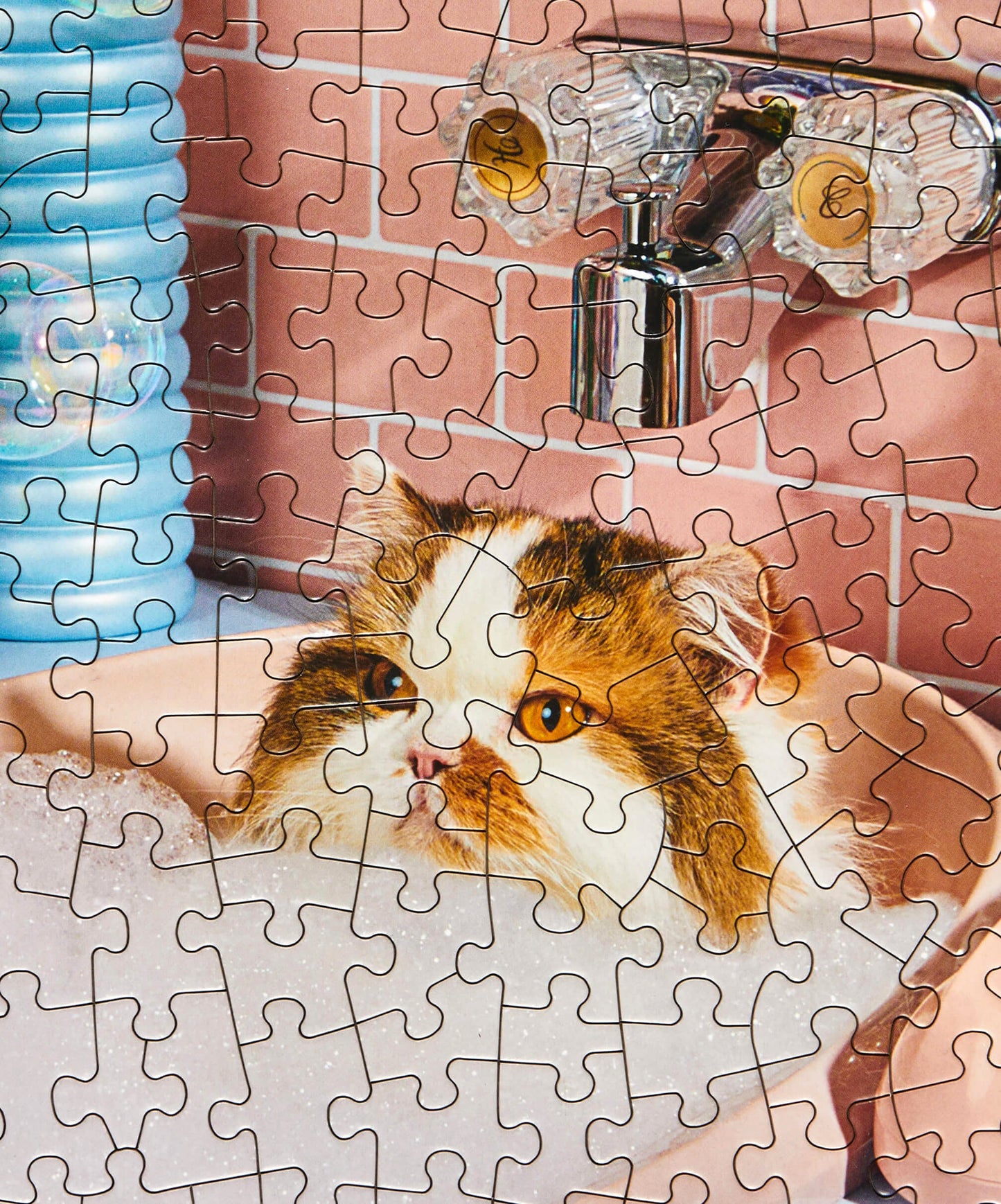 Jigsaw puzzle with a cat in a bathtub and tiled wall background