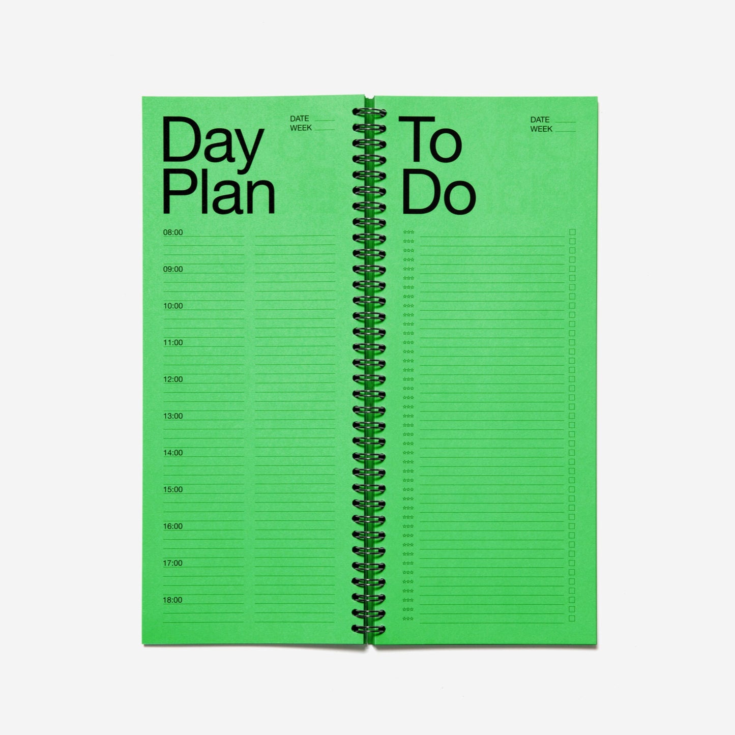 Green planner with 'Day Plan' and 'To Do' sections on a white background
