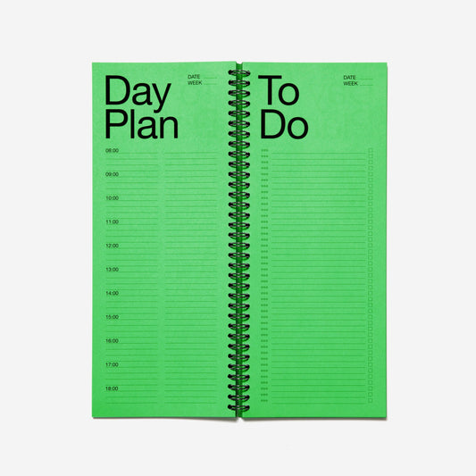 Green planner with 'Day Plan' and 'To Do' sections on a white background