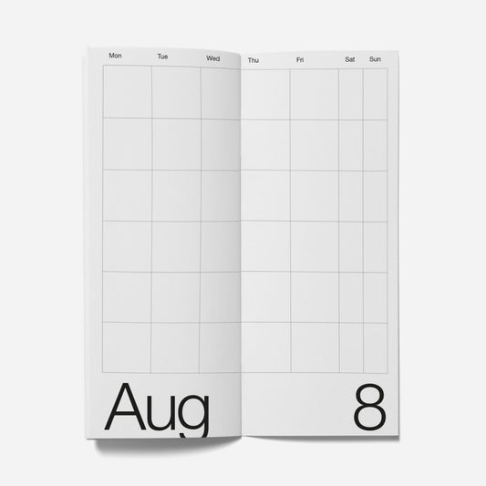 Two white calendar pages open to August 8th on a light gray background