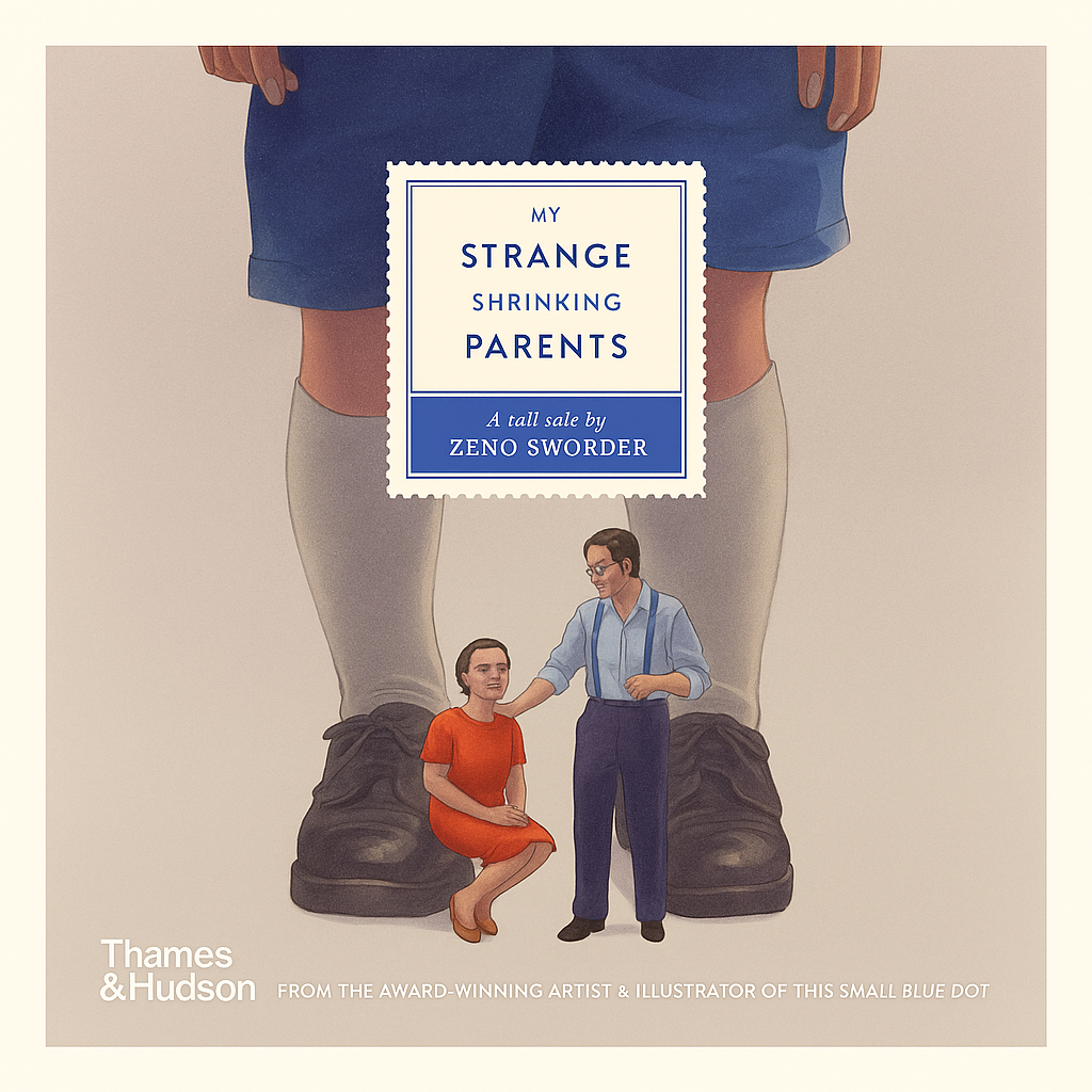 Book cover of 'My Strange Shrinking Parents' by Zeno Sworder with illustration of two adults and a child.