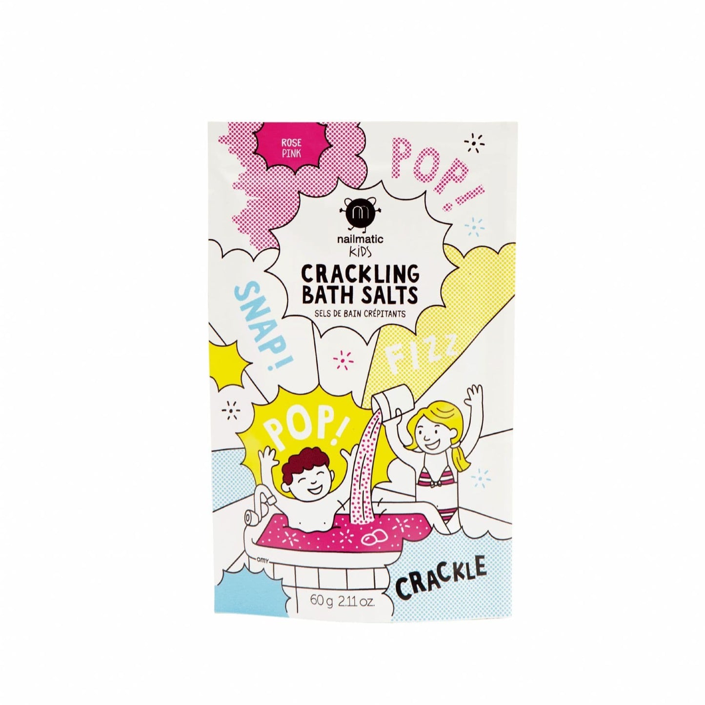 A packet of Nailmatic Kids Pink Crackling Bath Salts, designed for children, featuring a berry scent, fun popping effects, and skin-hydrating ingredients.