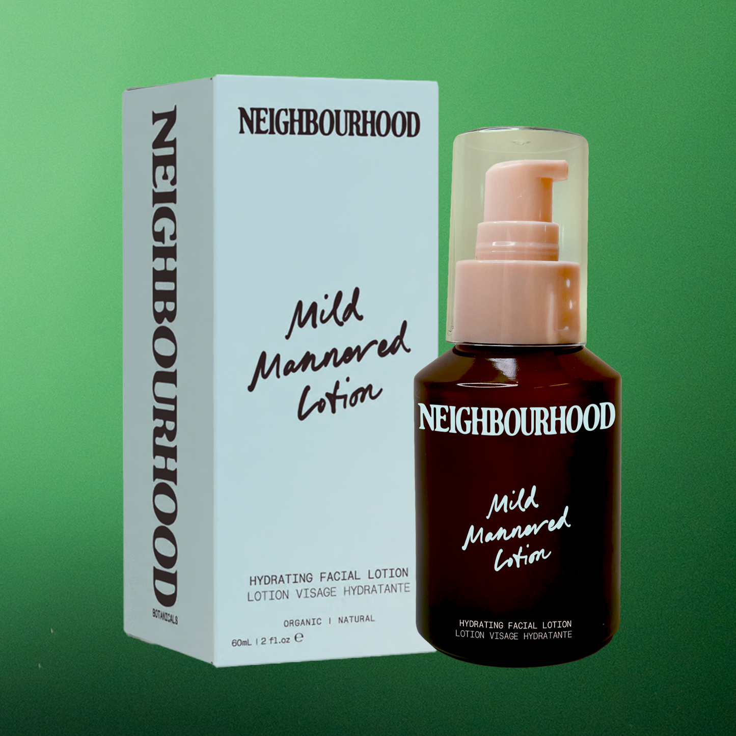A bottle and box of Neighbourhood Botanicals 'Mild Mannered' Hydrating Facial Lotion, featuring clean, minimalist packaging with soft, natural tones.