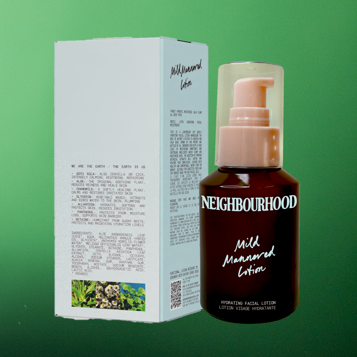 A bottle and box of Neighbourhood Botanicals 'Mild Mannered' Hydrating Facial Lotion, featuring clean, minimalist packaging with soft, natural tones.