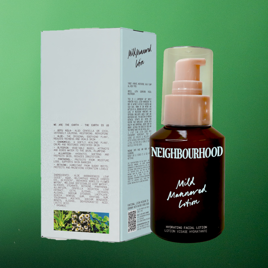 A bottle and box of Neighbourhood Botanicals 'Mild Mannered' Hydrating Facial Lotion, featuring clean, minimalist packaging with soft, natural tones.