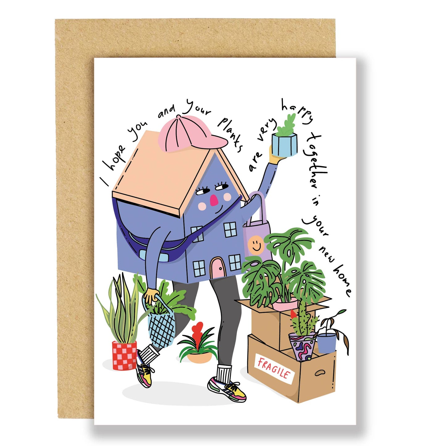 a cartoon house with a smiley face, wearing sneakers, a pink cap and a bum bag, moving with multiple potted plants in boxes.
