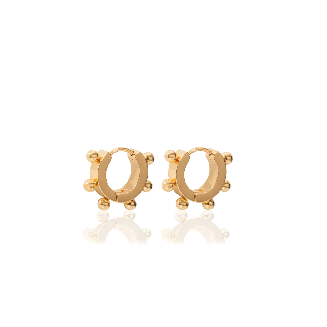 A pair of gold-colored hoop earrings with a bubble design, crafted from oxidising free stainless steel.