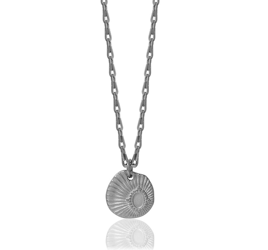A silver-colored stainless steel necklace with a thin link chain and a circular charm, displayed against a white background.