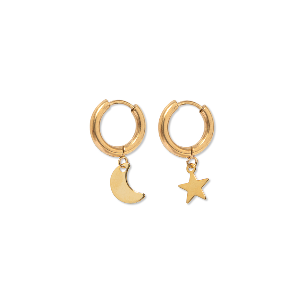 A pair of gold Astral Hoops earrings with one earring having a small moon charm and the other having a small star charm.