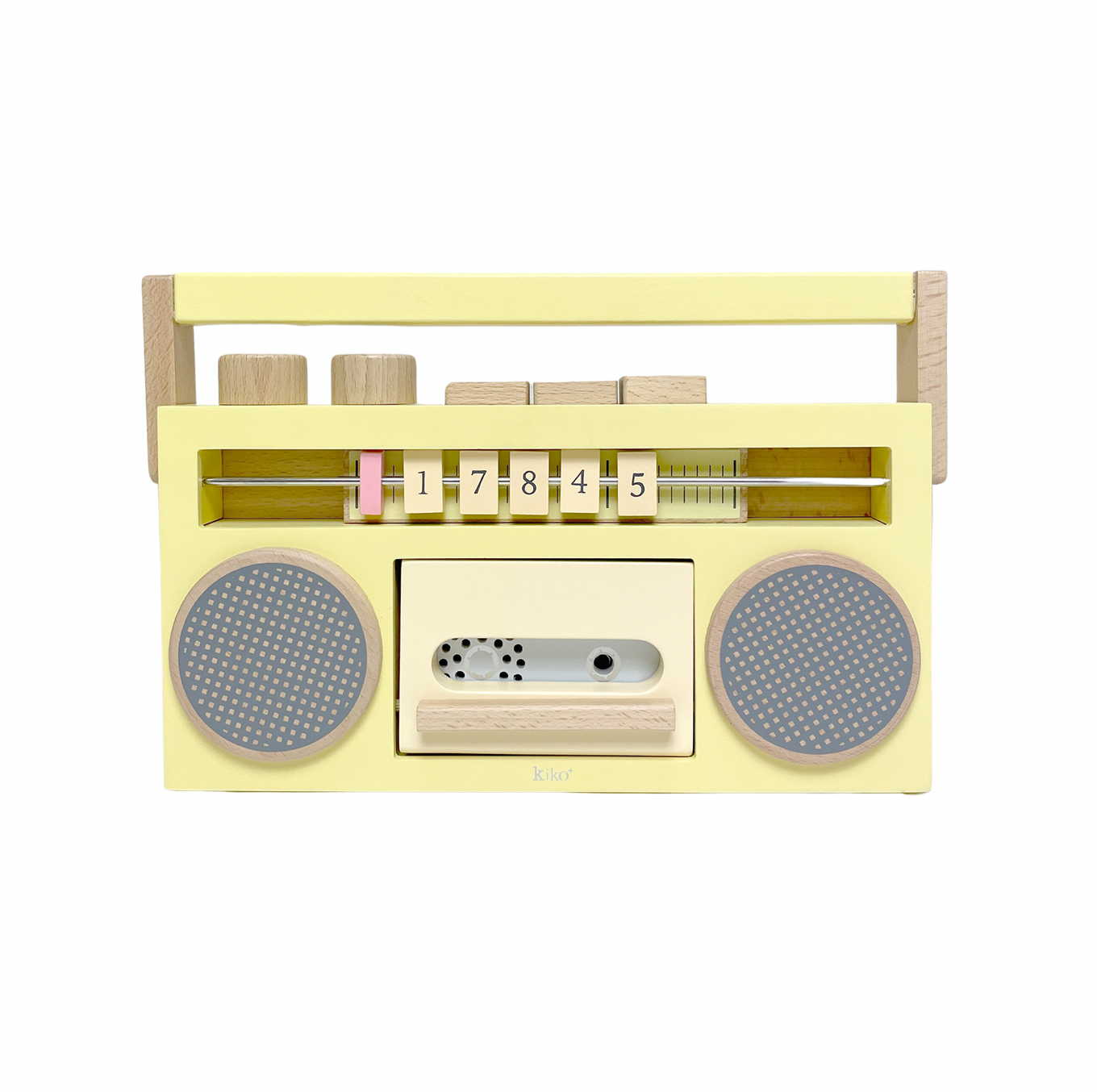 Wooden toy radio with buttons and a tape deck on a white background
