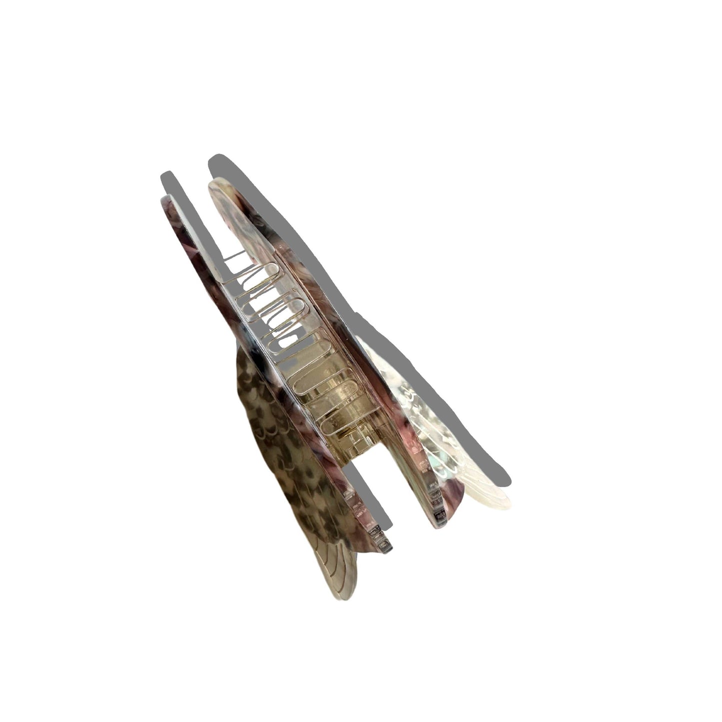 Side view of the pigeon claw clip, showing its gold-tone clasp and double-sided design for a seamless look from all angles.