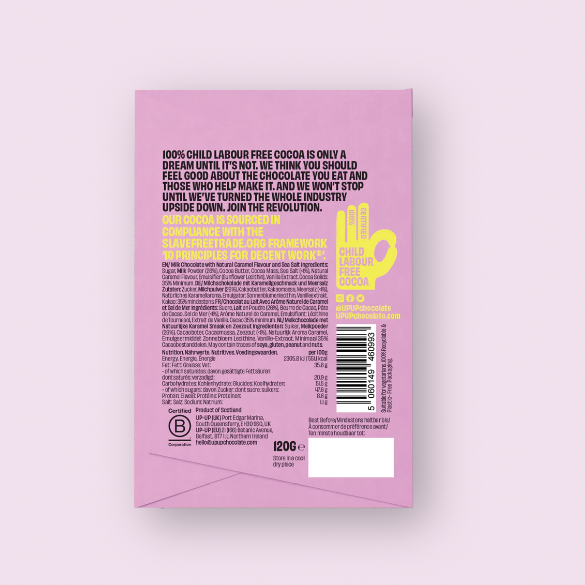 Back of a chocolate bar packaging with text and a barcode on a light purple background