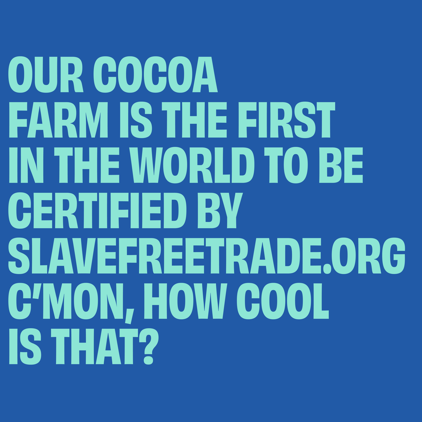 Text on a blue background about a cocoa farm being certified by Slave Free Trade.org