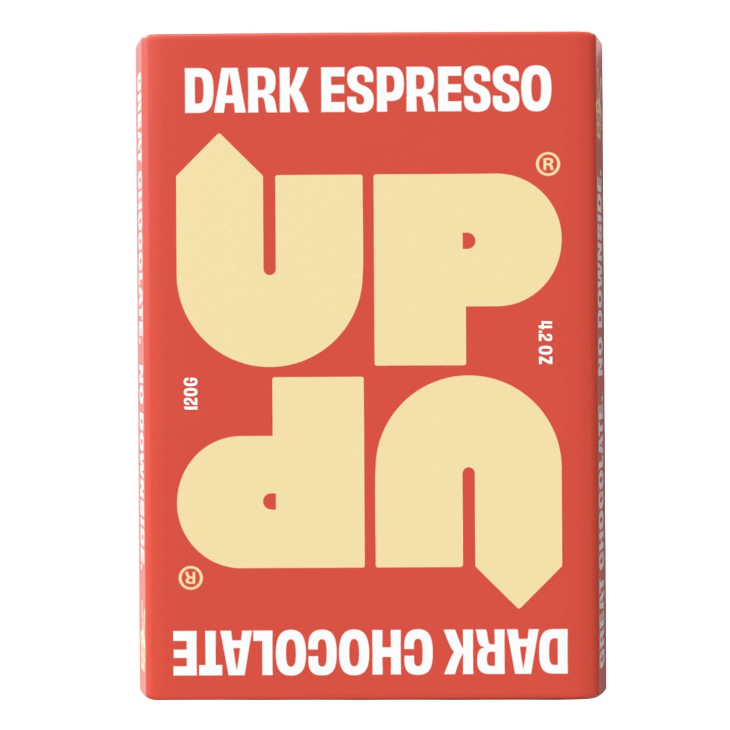 Red and yellow dark espresso chocolate packaging with 'UP UP' branding on a white background