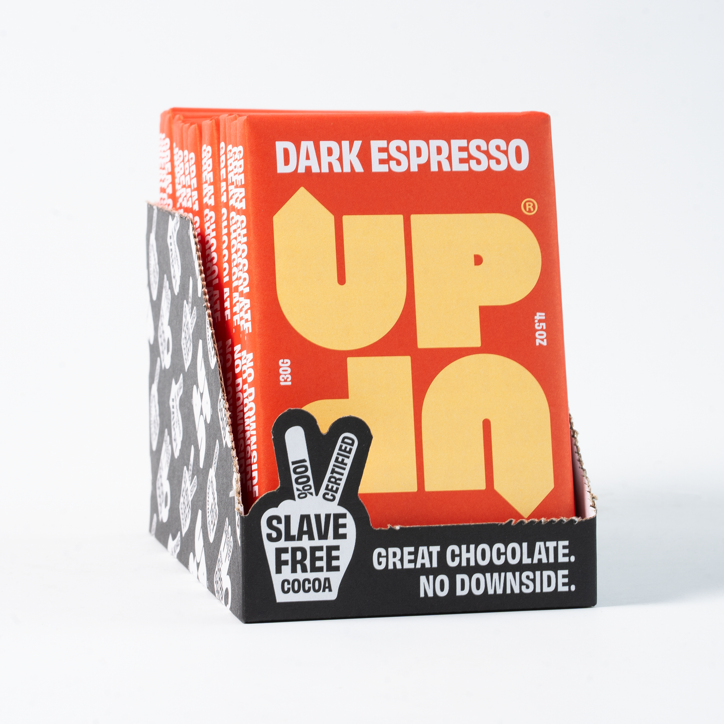 Box of UP10 Chocolate Dark Espresso with branding and certification details.