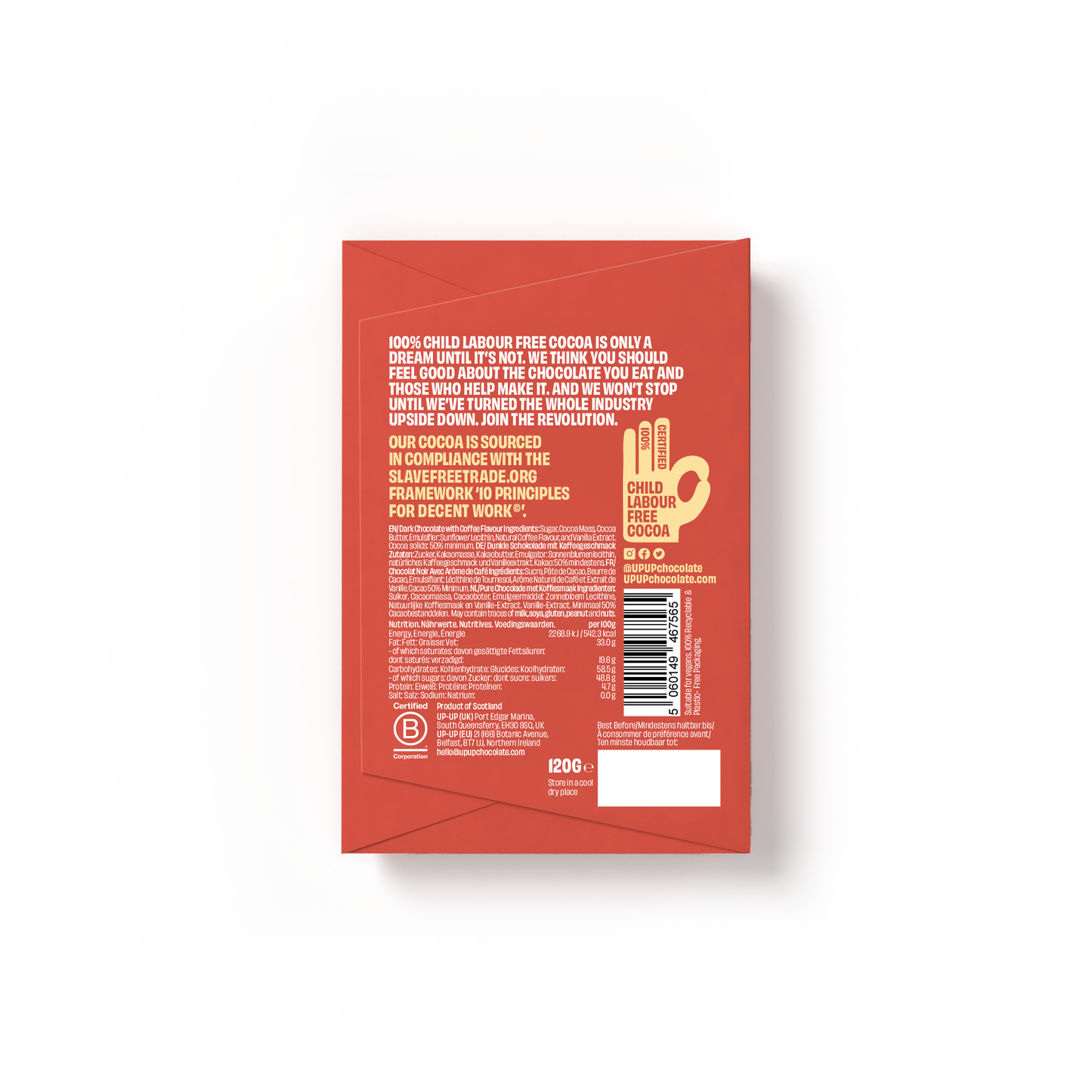 Red product packaging with white text on a white background