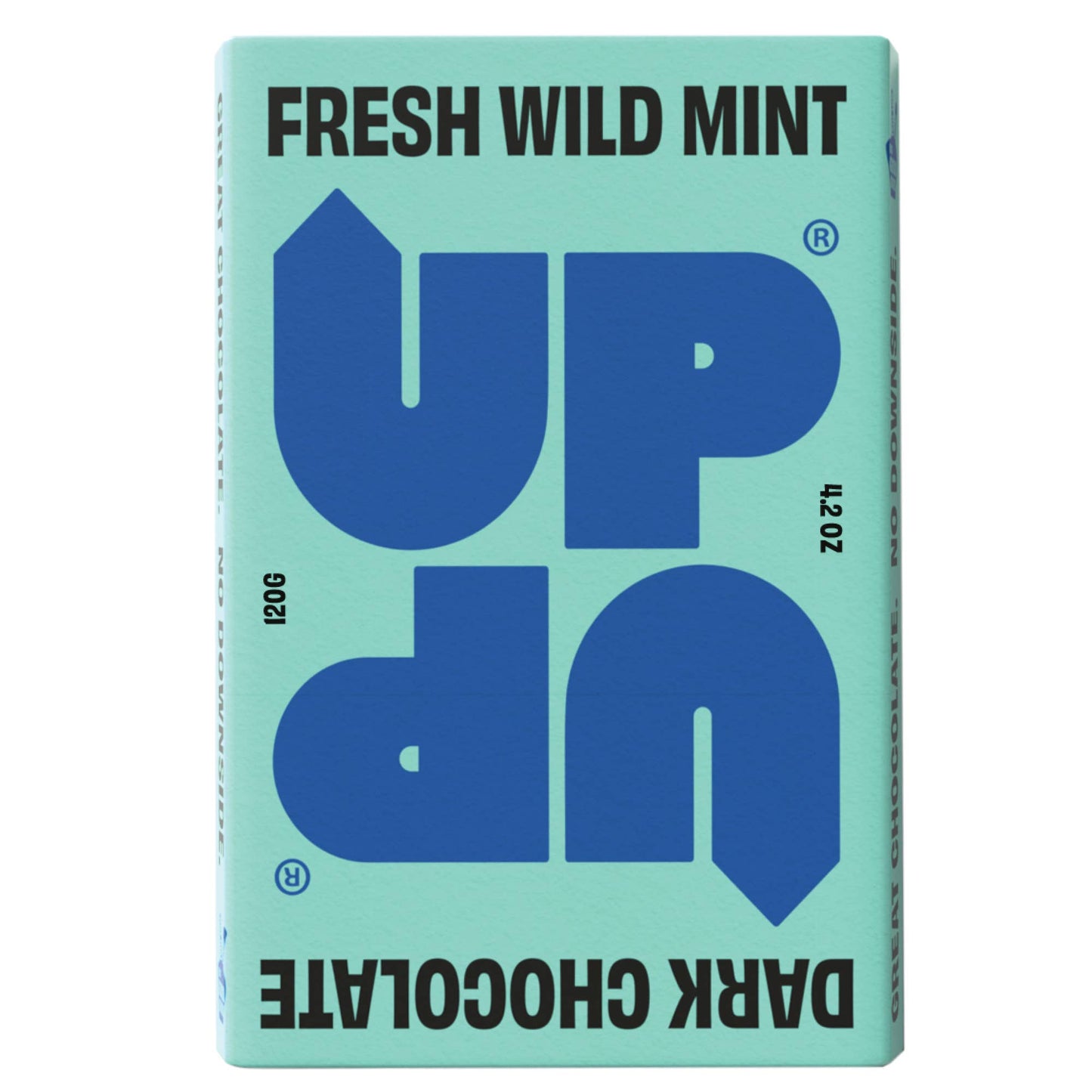 Bar of UP UP Fresh Wild Mint Dark Chocolate with a light blue and black packaging on a white background