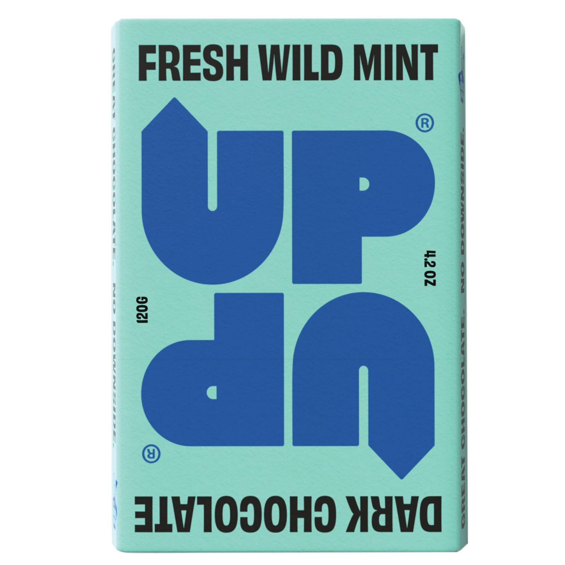 Bar of UP UP Fresh Wild Mint Dark  Chocolate with a light blue and black packaging on a white background