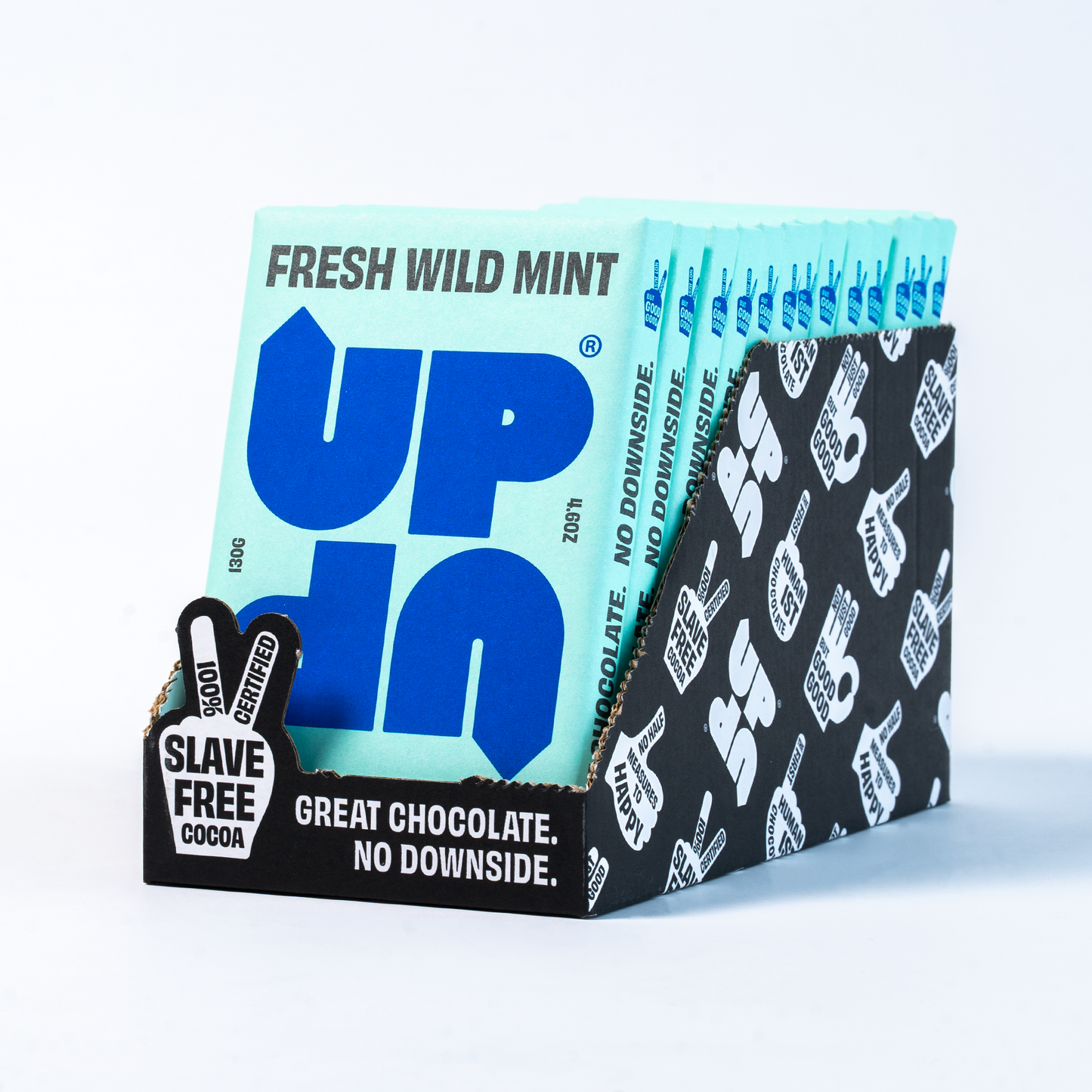 Box of 'UP UP' chocolate bars with blue branding and messaging on a light white background