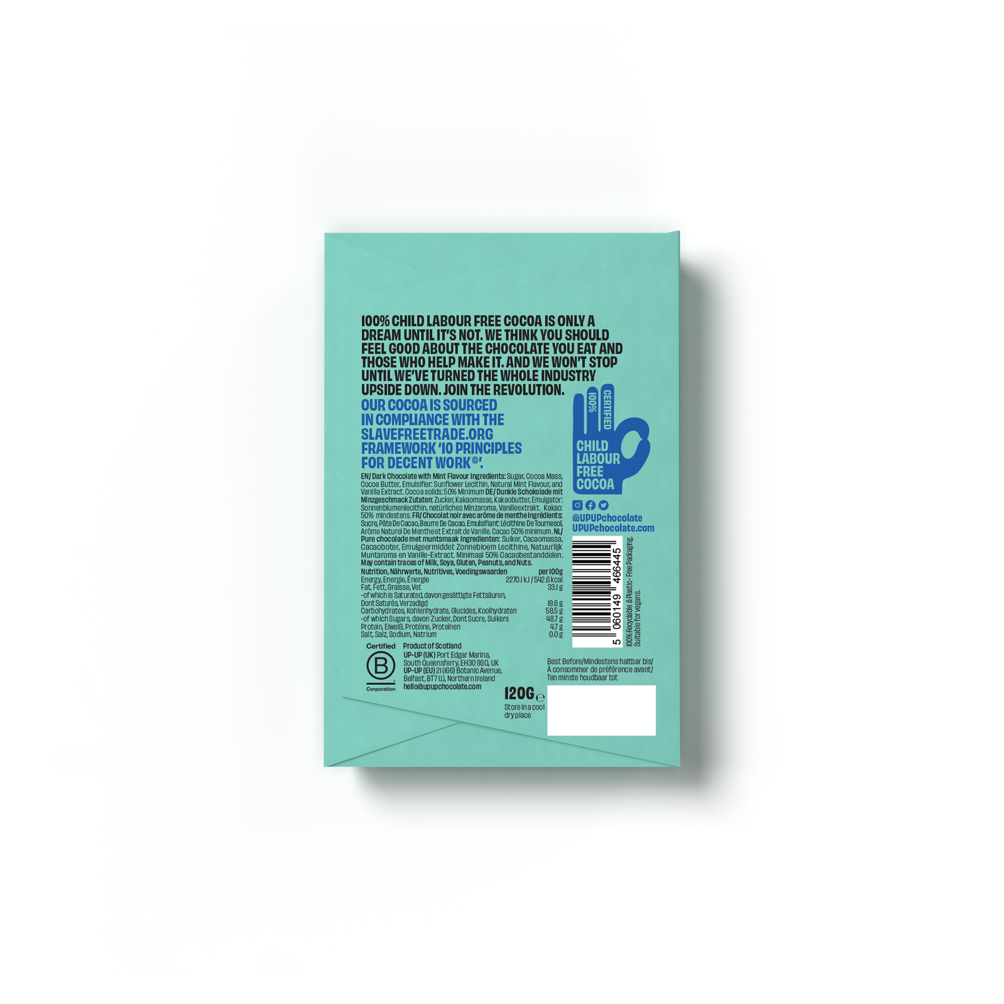 Back of a bar of chocolate with text and blue branding on a white background