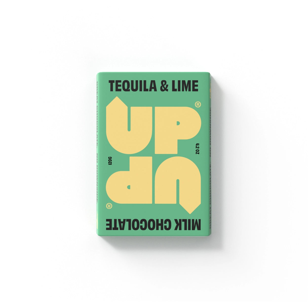 Bar of UP UP Tequila and Lime Chocolate with a green and yellow packaging on a white background