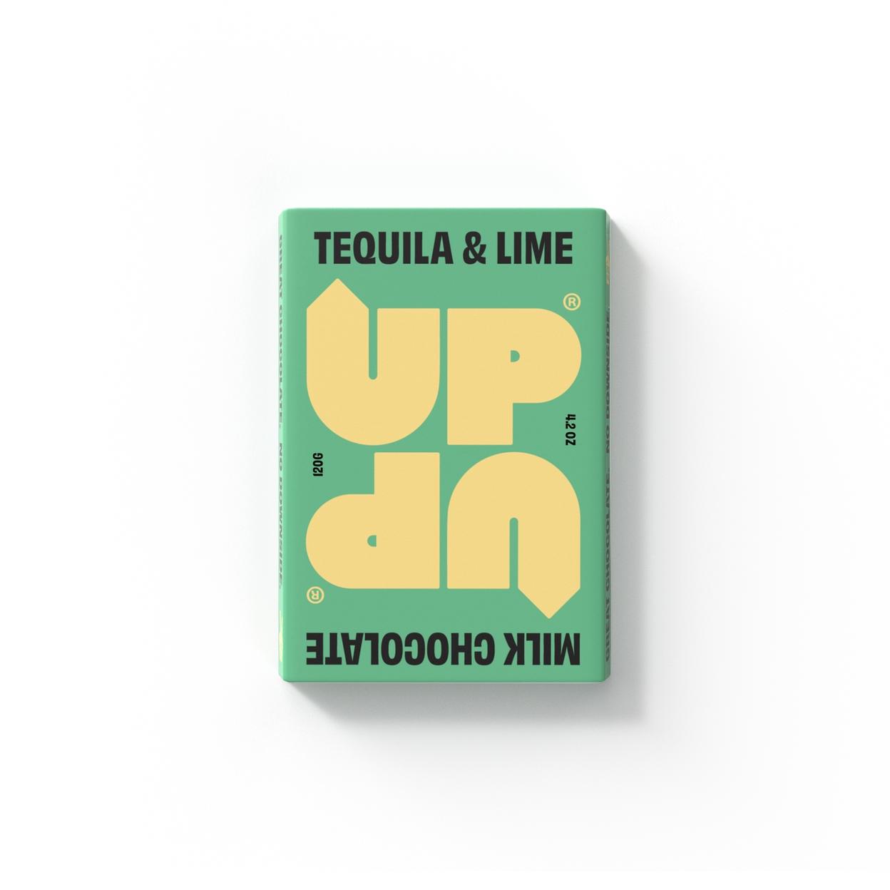 Bar of UP UP Tequila and Lime Chocolate with green and yellow packaging