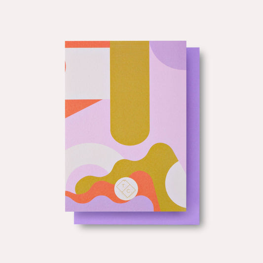 Colorful abstract design on a purple card with a white background