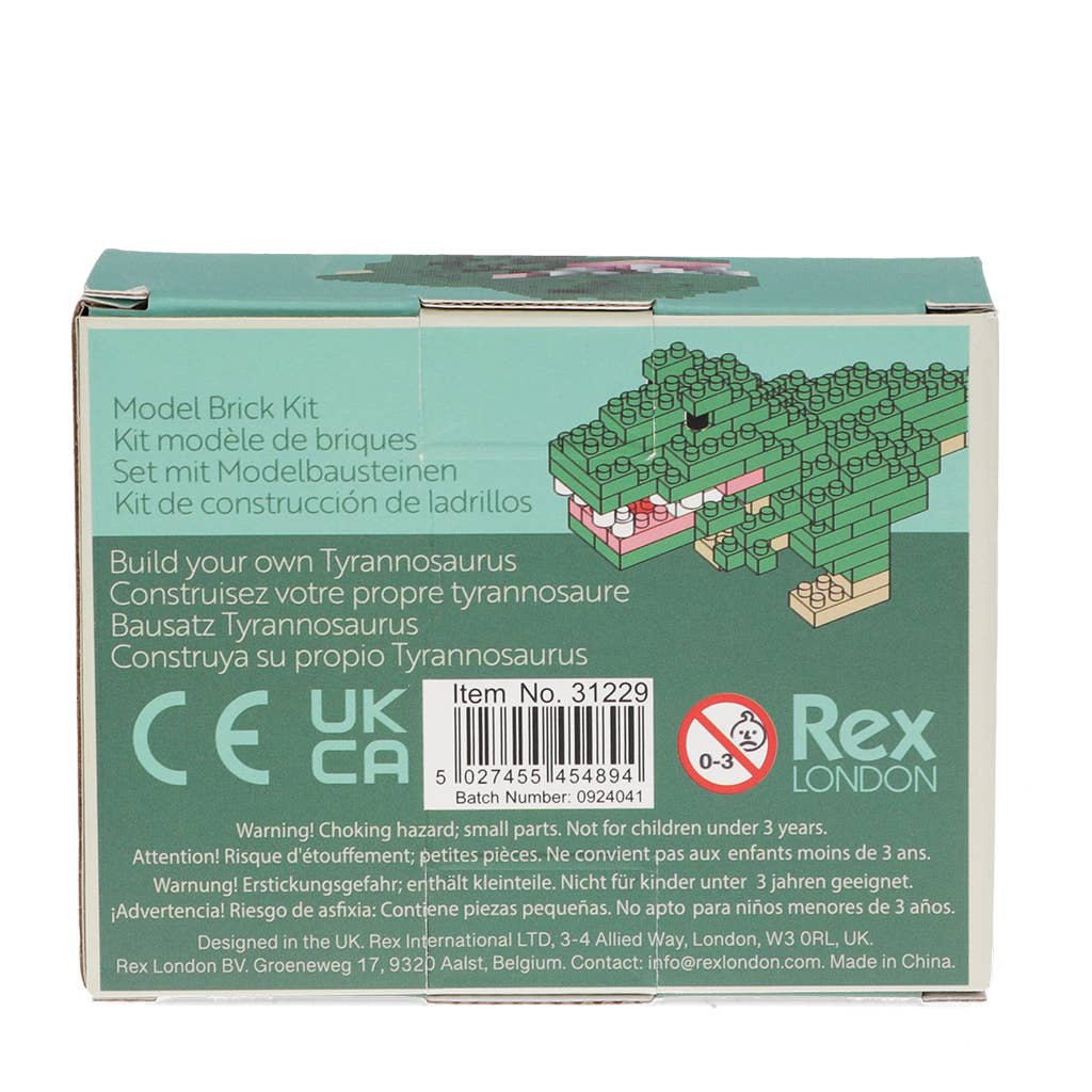Model brick kit packaging for building a tyrannosaurus rex with Rex London branding.