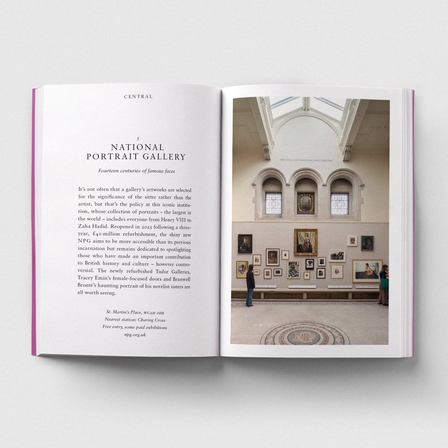 Open book showing a page with text and an image of a gallery interior.