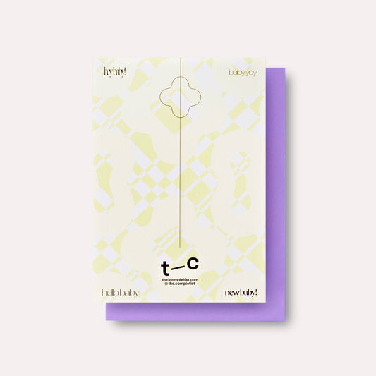 Baby shower invitation with geometric design and purple border on a white background