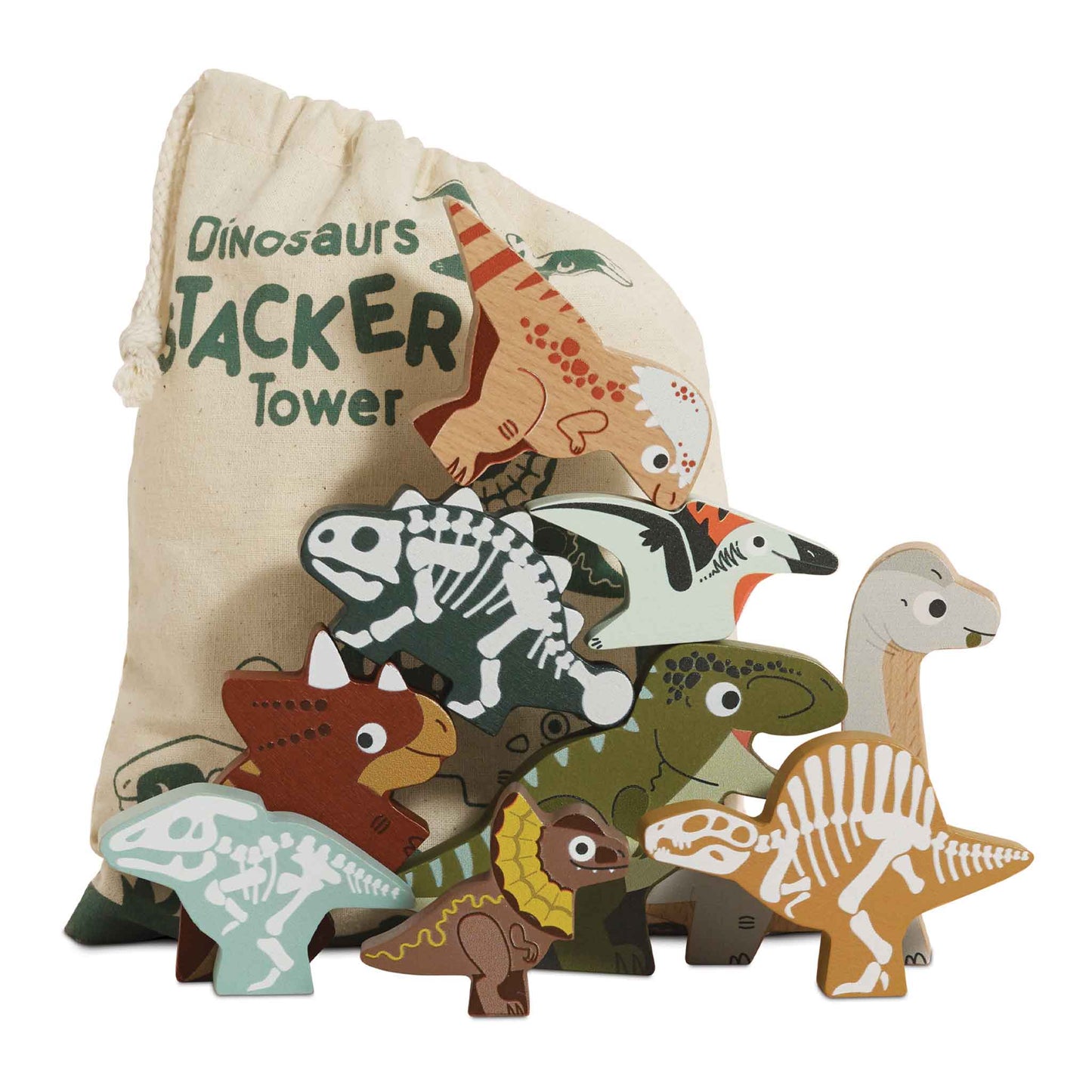 A collection of wooden stacking dinosaurs in various colors, alongside a beige cotton drawstring bag with 'Dinosaurs J ACKER TOWER' printed on it.