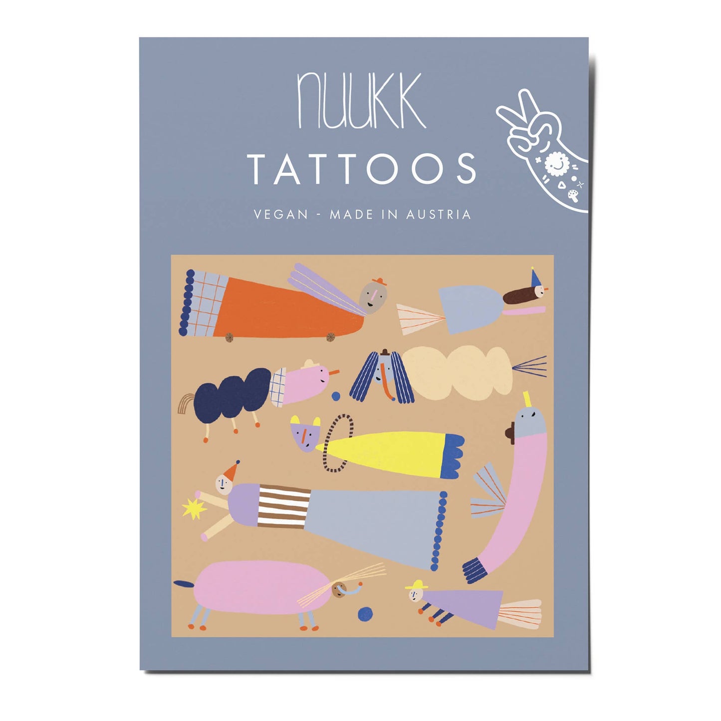 Nukk tattoos packaging with colorful illustrations on a beige background