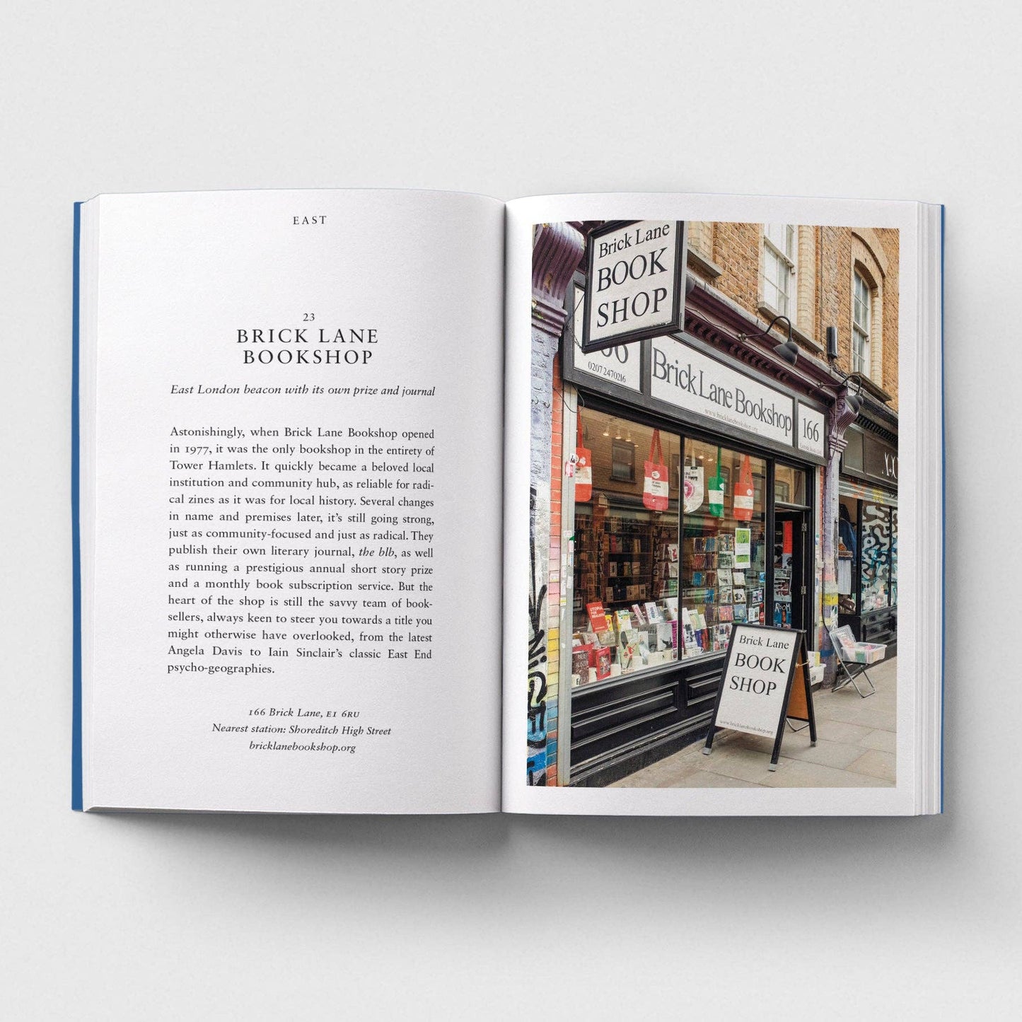 Open book with text and a photograph of Brick Lane Bookshop on a white background