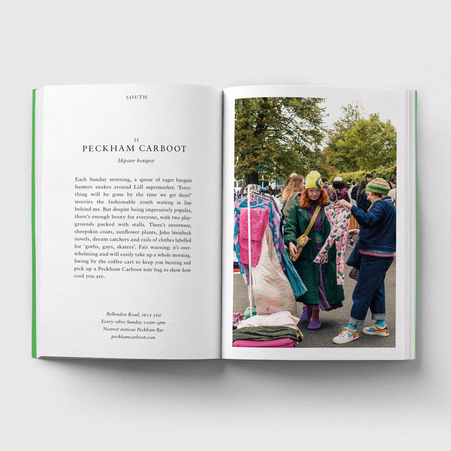 Open book showing text on one page and a photograph of people at Peckham Carboot Market on the other.