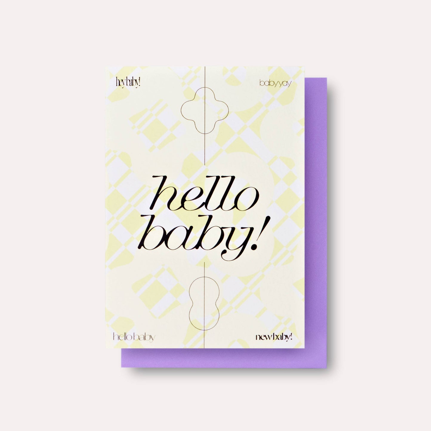 Card with 'hello baby!' text on a white background