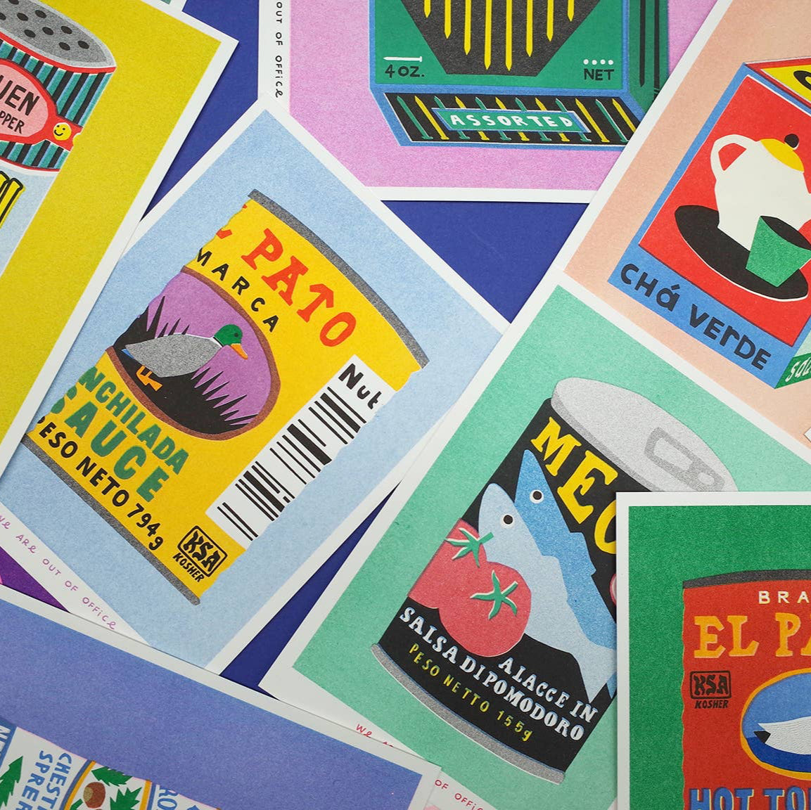 Collection of colourful product labels from various brands on a multicolored background