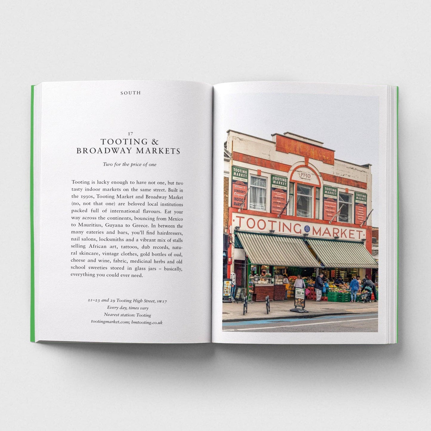 Open book showing a page with text and an illustration of Tooting Market.