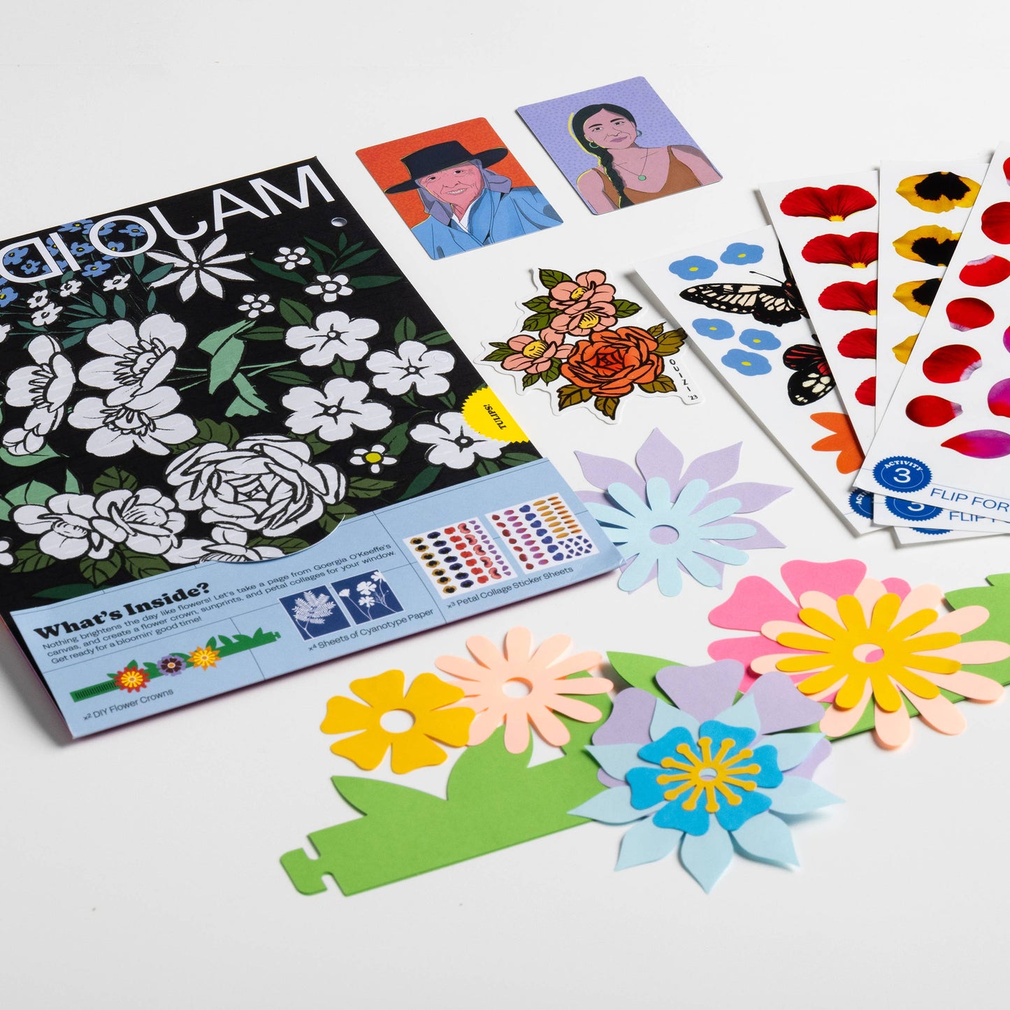 Coloring book with floral designs and stickers on a white background