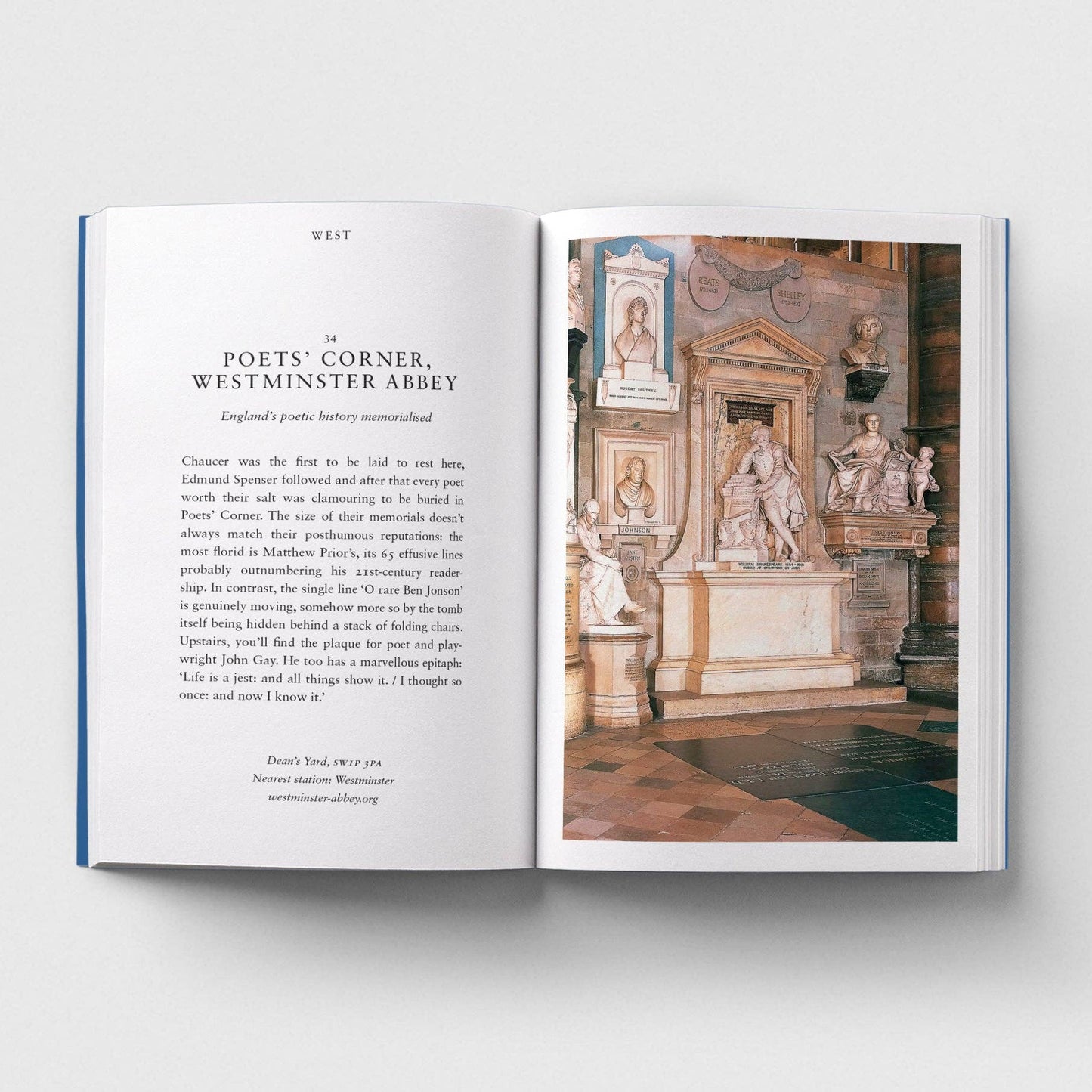 Open book showing text and an image of Poets' Corner at Westminster Abbey