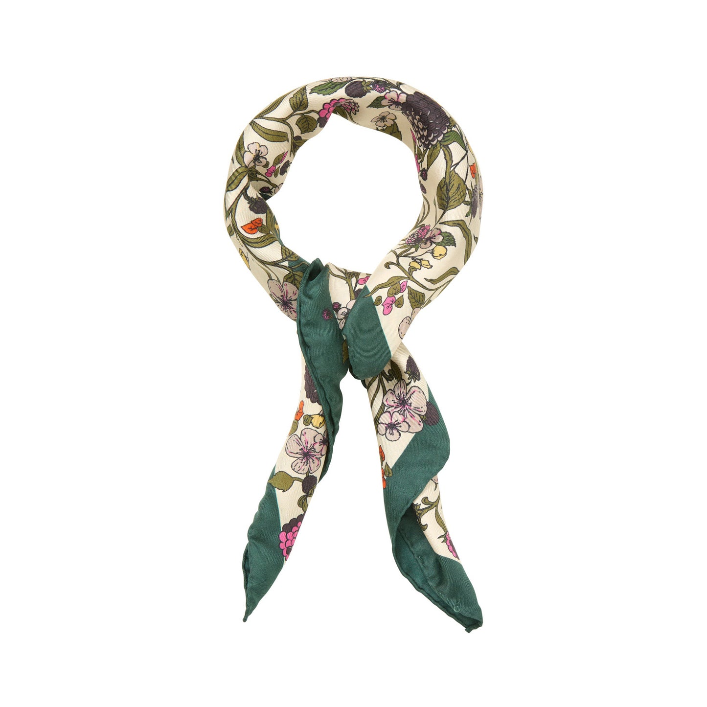 Floral patterned scarf with green accents on a white background